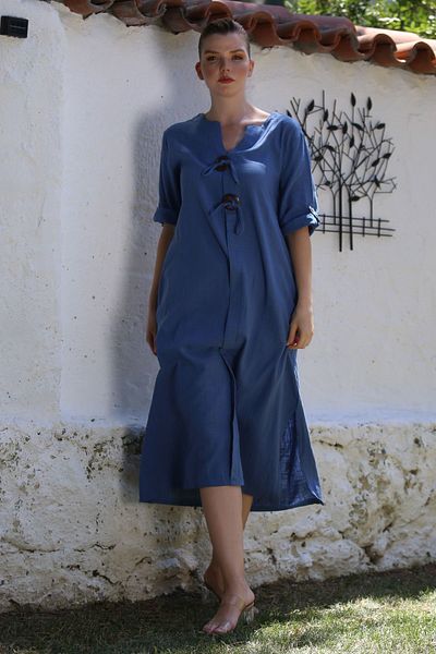 Chiccy Ιταλικό Indigo V-Neck με κουμπιά 3/4 μανίκι με κρυφή τσέπη Casual λινό υφαντό φόρεμα 120 56