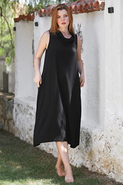 Chiccy Black Degaje Collar Sleeveless Hidden Pocket Washable Casual Linen Look Woven Dress 120 55