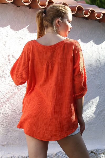 Chiccy Narcissi Pool Collar Buttoned 3/4 Sleeve Washable Casual Muslin Woven Blouse 75 70