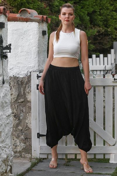 Chiccy Black Washed Elastic Waist Baggy Leg Casual Crinkle Woven Trousers 95 80
