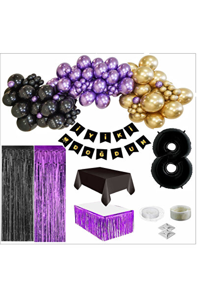 ZENVİVA Σετ γενεθλίων 8 ετών Μαύρο, Χρυσό, Μωβ Μπαλόνι, Μαύρο-Χρυσό