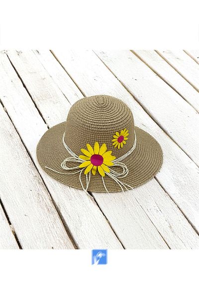 Kardelen Butik Denizli Luxury Straw Girl's Hat with Flower Detail (Age 3-8)