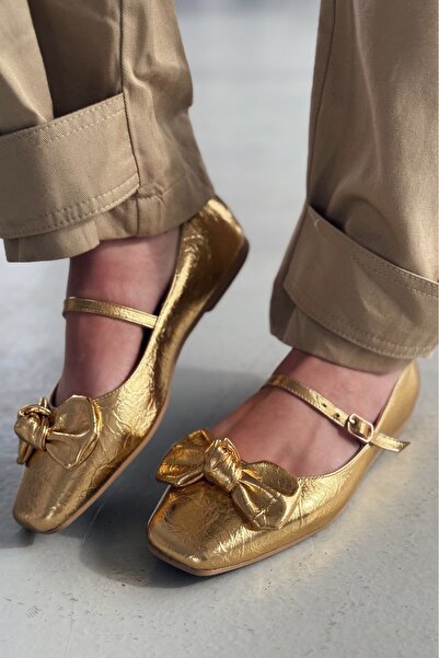 I Love Shoes Ratins Kırışık Deri Gold Kurdele Detaylı Kadın Babet