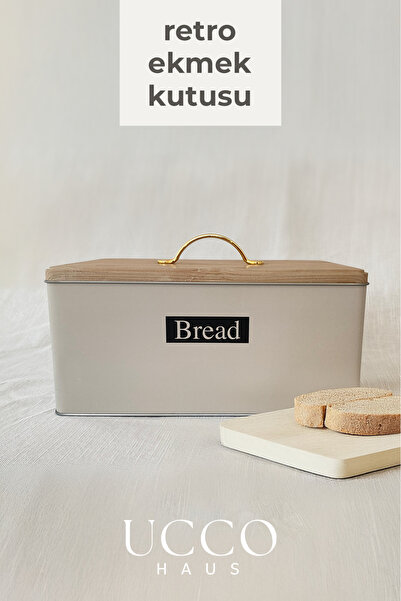 UCCO Metal Retro Bread Box 31X21X18 cm – Wooden Look Lid - Large Volume Vintage Storage Box
