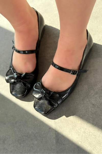 I Love Shoes Ratins Wrinkled Leather Black Ribbon Detailed Women's Ballerinas