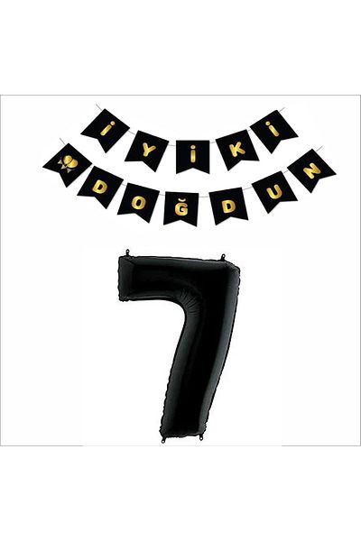 ZENVİVA 7 Year Old Black Foil Balloon + Black Gold Banner