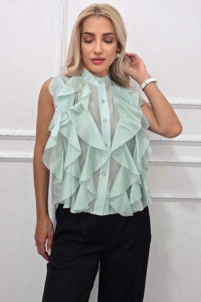 FashionForYou Office shirt with ruffles, made of lyocell NIVA, Mint Green, Size S/M