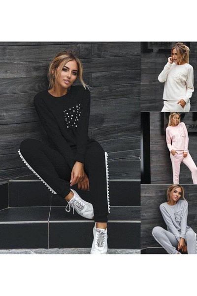 modamtn Women's Long Sleeve Pearl Pocket Detail Blouse and High Waist Side Pearl Stripe Detail Pants Tracksuit Set