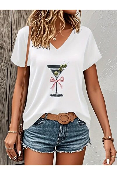 FUFLUNS تي شيرت نسائي كبير الحجم برقبة على شكل حرف V مطبوع عليه مارتيني