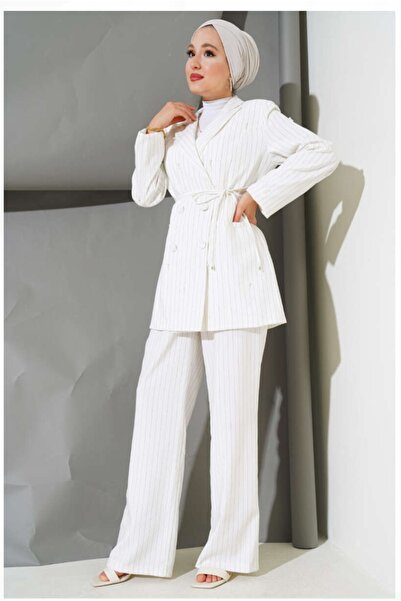 GÜLSEVEN White Striped Jacket Suit Side Tie Front Double Button