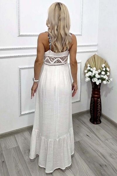 FashionForYou TWINA long beach dress, with crochet look and beads, White, S/M