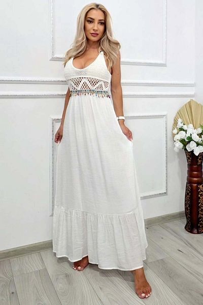 FashionForYou TWINA long beach dress, with crochet look and beads, White, S/M