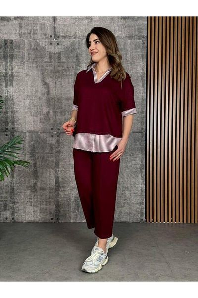 modamtn Women's Modal Fabric Striped Shirt Collar Double Set