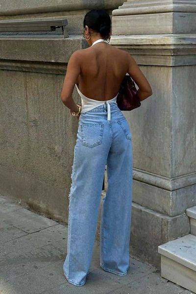 FashionForYou Blugi de damă KUMBA, croială palazzo cu picior larg, dantelă și perforații, albastru, 34