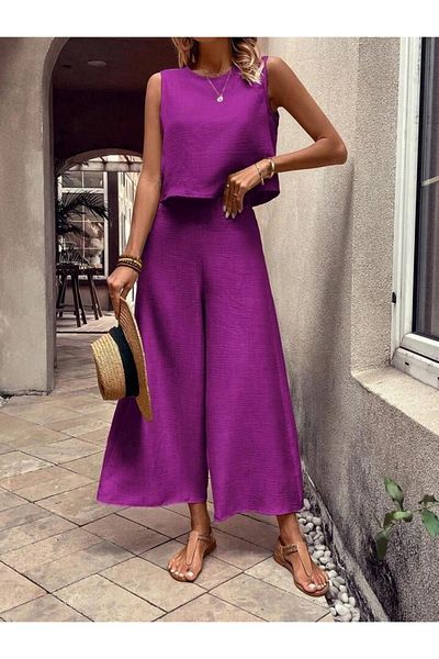 MODA ZERAFİNA Women's Crew Neck Sleeveless Blouse and Wide Leg Aerobin Fabric Double Suit