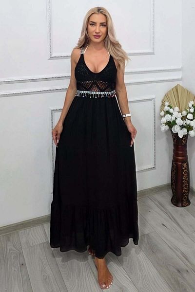 FashionForYou TWINA long beach dress, with crochet look and beads, Black, L/XL