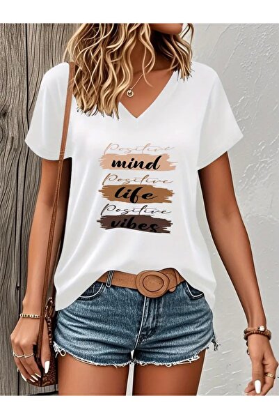 FUFLUNS تي شيرت نسائي كبير الحجم برقبة على شكل حرف V مطبوع عليه POSITIVE MIND...