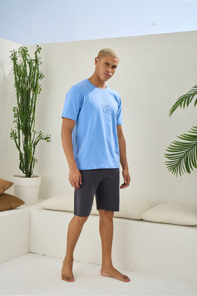 İpek Men's Short Sleeve O Neck 100% Cotton Shorts Pajamas Set