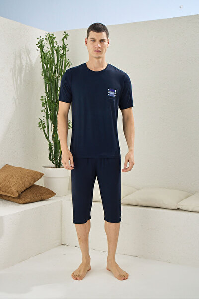 İpek Ανδρικό κοντομάνικο σετ πιτζάμες από ύφασμα μπαμπού με λαιμόκοψη σε σχήμα O