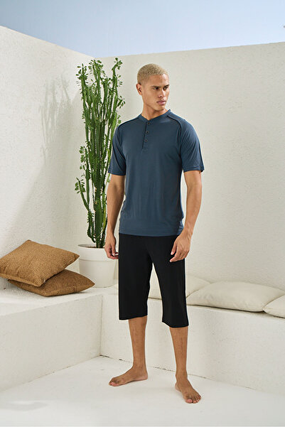 İpek Men's Short Sleeve Midi Collar Capri Pajama Set