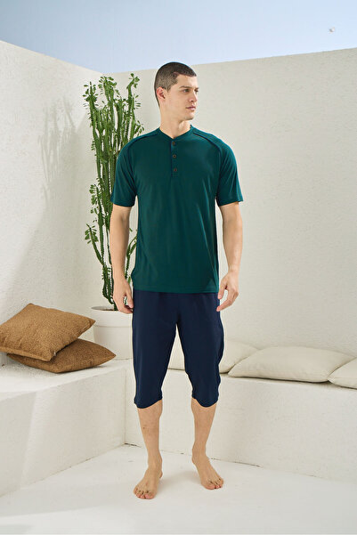 İpek Men's Short Sleeve Midi Collar Capri Pajama Set