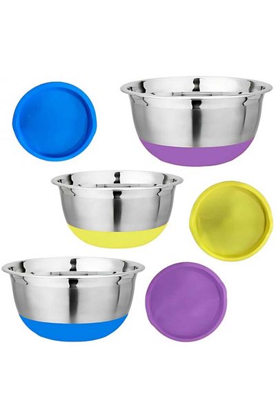 NO BRAND Set de 3 Castroane cu Capace, Inox Alimentar, inchidere ermetica, 3 capace colorate, baza antiderapa