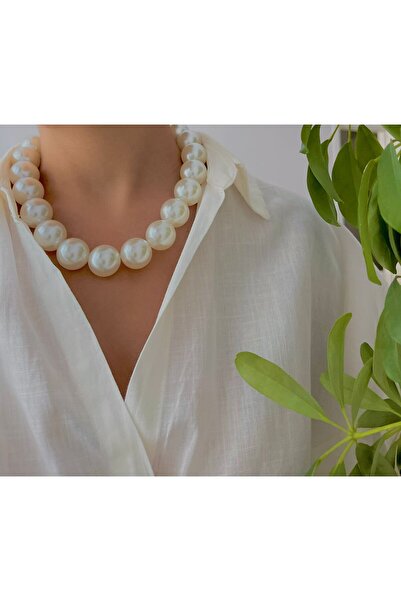 STEELSPARK قلادة من اللؤلؤ الأبيض الكبيرة