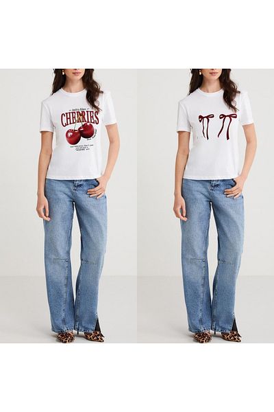 Fifty Color 2-Piece Women's Ribbon, Cherries Printed, Regular Cut, Cotton, Crew Neck, T-Shirt