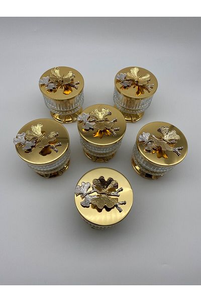 Fiyakalı Ürünler Atölyesi 6-Piece Elysia Glass Magnolia Bowl with Feet, Butterfly Lid Ice Cream Bowl, Sugar Bowl, Snack Bowl