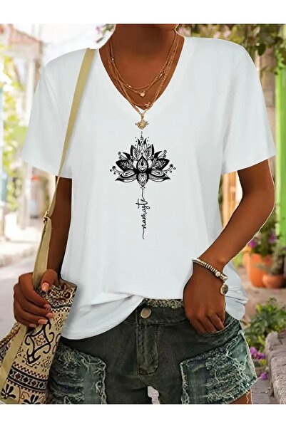 FUFLUNS تي شيرت نسائي كبير الحجم برقبة على شكل حرف V مطبوع عليه زهرة اللوتس
