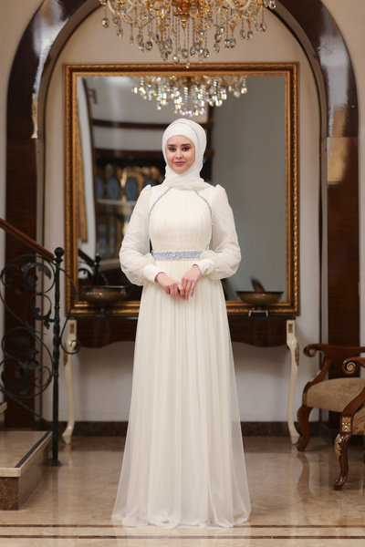 miss newal Efsane Büyük Beden Taş ve Plise Detaylı Tesettür Abiye
