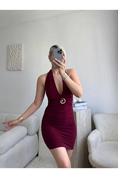 Zora Butik Boyun Bağlamalı Tokalı Elbise - BORDO