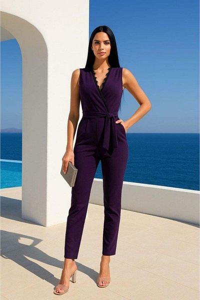modamtn Women's Double Breasted Collar Lace Guipure and Belt Detail Jumpsuit