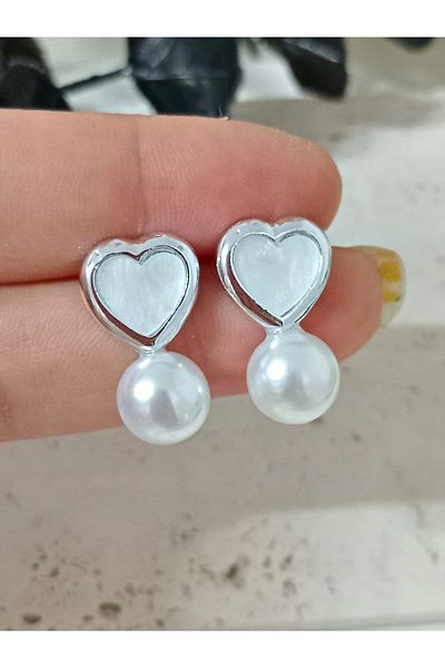 mos&more Small Women's Earrings with Silver Heart Pearl