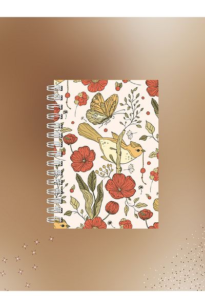 Ez&Tu Stıcker Bird and Flower Patterned Striped Notebook – 60 Sheets-120 Pages |   Wire Spiral