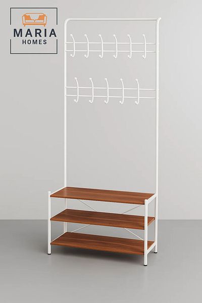 MARIA HOMES White Coat Rack with 12 Hooks & 3-Tier Shoe Shelf – 190x79x30 cm