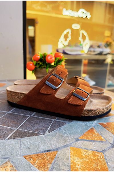 Lemoors Maria Natural Cork Genuine Leather Double Banded Cinnamon Color Women's Slippers
