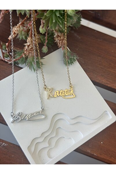 mibrillo Gold Steel Ataturk Signature Necklace with Zircon Stone Details