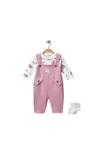 MixMax Bebe Baby Girl Set Rabbit Patterned Embroidery Embroidered Jumpsuit-Stockings-Socks Set of 3 100% Cotton Dried Rose Color