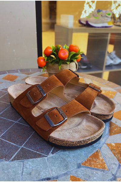 Lemoors Maria Natural Cork Genuine Leather Double Banded Cinnamon Color Women's Slippers
