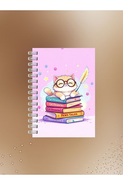 Ez&Tu Stıcker Cute Cat and Book Pattern Notebook – 60 Sheets / 120 Pages – Lined Wire Spiral