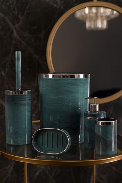 MAKRİ HOME 5 Piece Acrylic Bathroom Set, Stylish and High Quality Acrylic, Silver Color Detailed, Green Marble Pattern