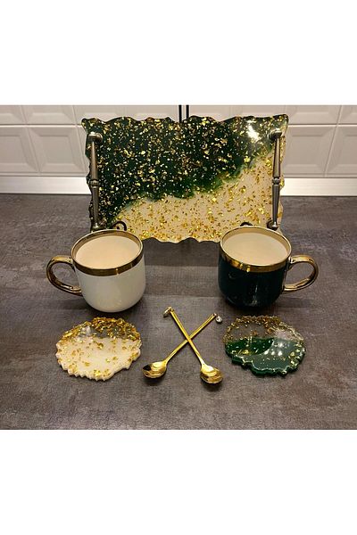 SART Creative Epoxy Serving Tray Set with Cups, Stand and Spoons - 30x18 Cm