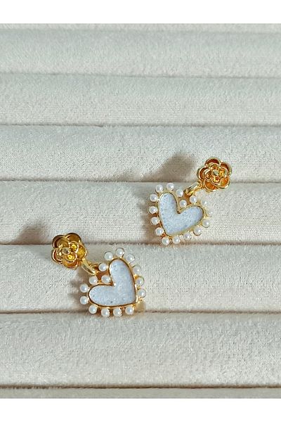 mos&more Gold White Enamel Heart Dangle Small Women's Earrings