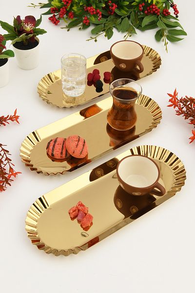 AKSESUAR EVRENİ Davin Gold 3-Piece Decorative Stainless Oval Serrated Edges Special Presentation Tray