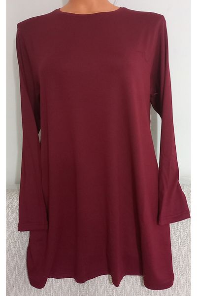 Anne Er Clothing Combed Cotton Tunic Long-Sleeve Crew Neck Claret Red