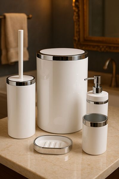 MAKRİ HOME 5 Piece Acrylic Bathroom Set, Stylish and High Quality Acrylic, Silver Color Detail, White