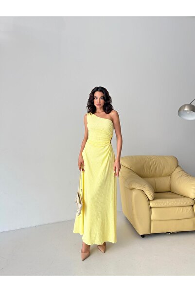 Serica Moda Sarı Tek Omuz Dantel Dokulu Pencere Detaylı Elbise