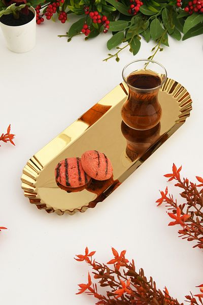 AKSESUAR EVRENİ Davin Gold Single Decorative Stainless Oval Serrated Edges Special Presentation Tray