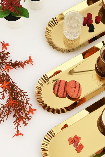 AKSESUAR EVRENİ Davin Gold 3-Piece Decorative Stainless Oval Serrated Edges Special Presentation Tray